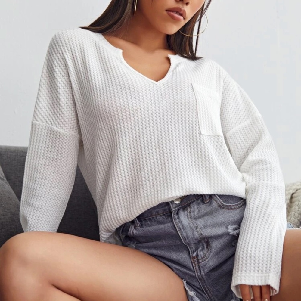V neck waffle knit long sleeve tee shirt brown - Picture 14 of 14